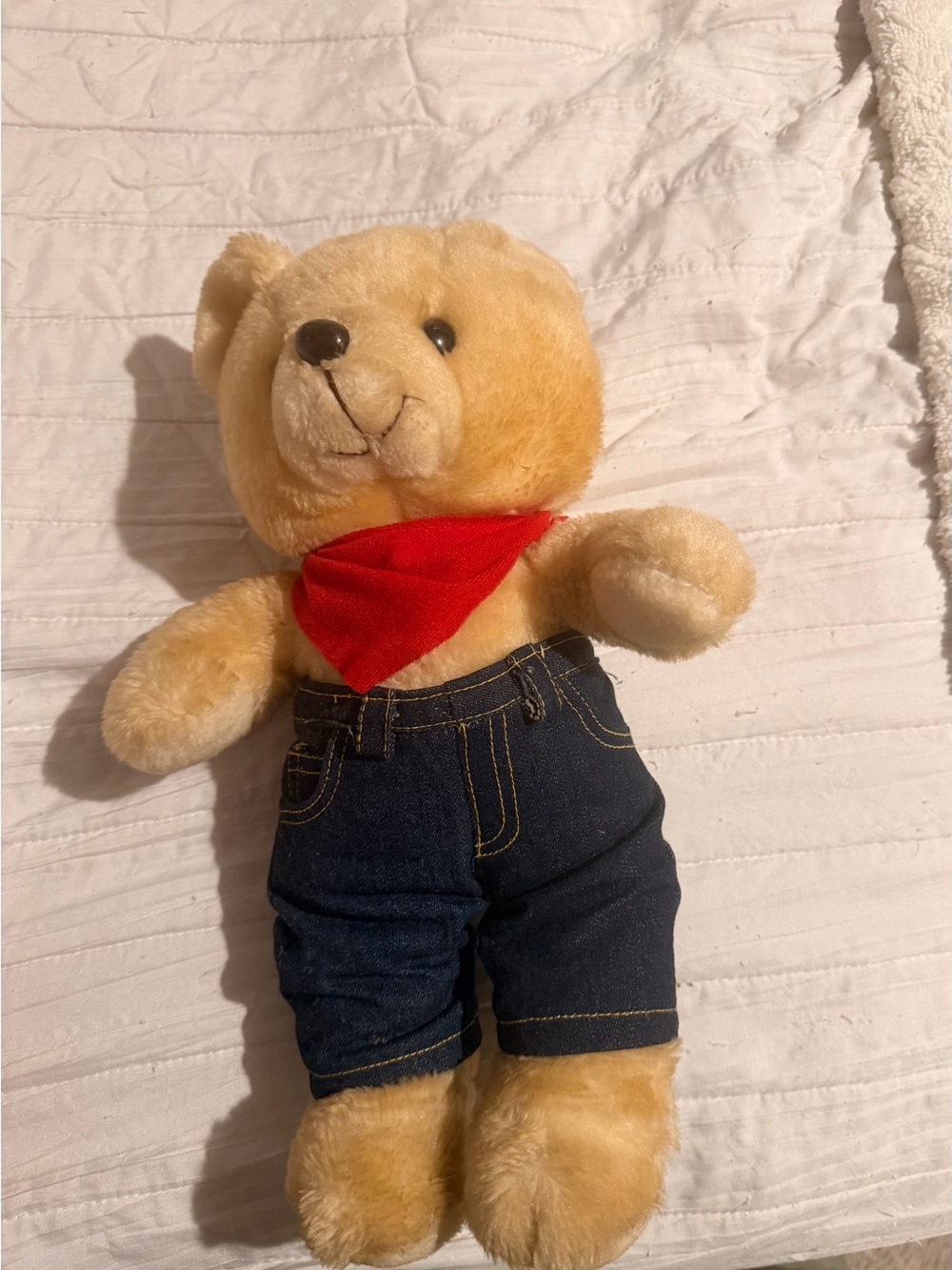 Vintage Lee Tan Plush Teddy Bear with Red Bandana and Denim Pants